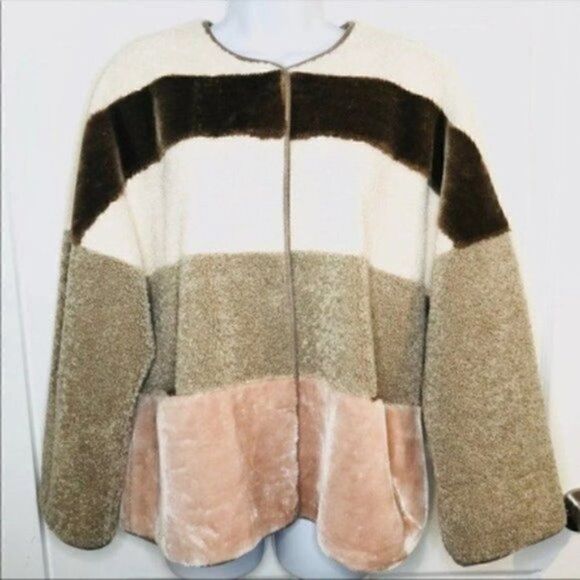 Eliza J ColorBlock Faux Fur Coat Jacket Shearling S - Picture 4 of 9